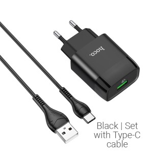 hoco-c72q-glorious-single-port-qc3.0-wall-charger-eu-set-type-c-black